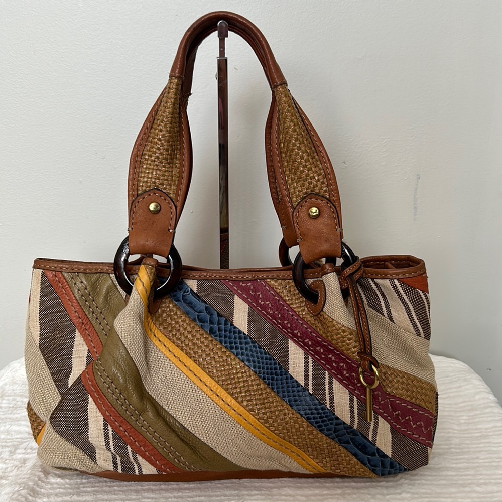 Fossil Multicolor Striped Canvas & Leather Shoulder Bag